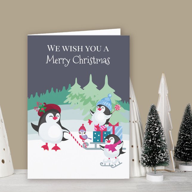 Cute Penguins i Snö Forest God jul Helgkort (Cute penguin Christmas Card. Buy professionally printed or as printable digital download.)