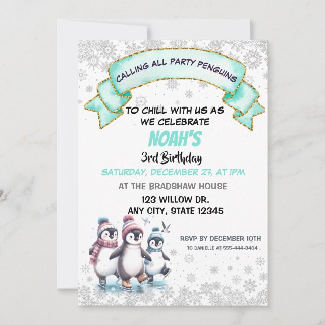 Cute Penguins Ice-skating Birthday-inbjudan Inbjudningar (Framsida)
