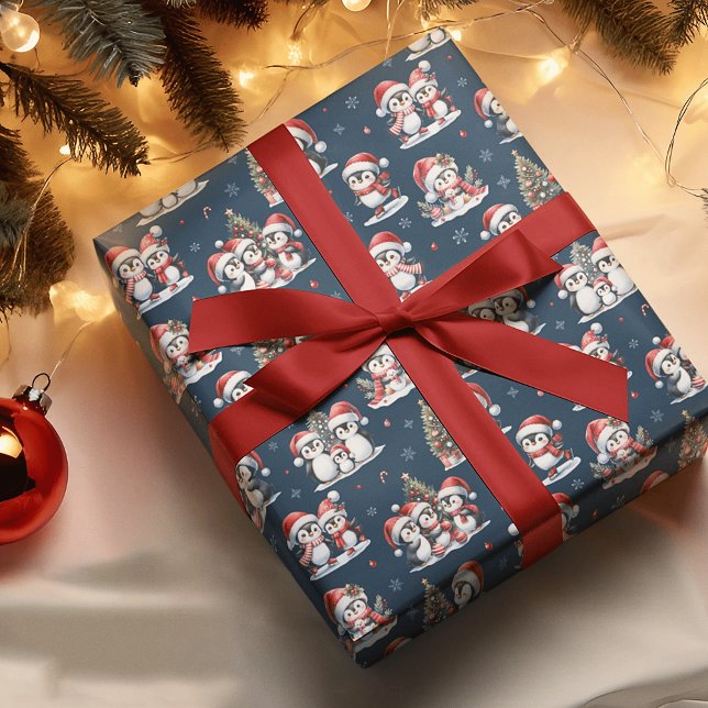 Cute Penguins in Red Hats Navy Blue God Jul Presentpapper (Skapare uppladdad)