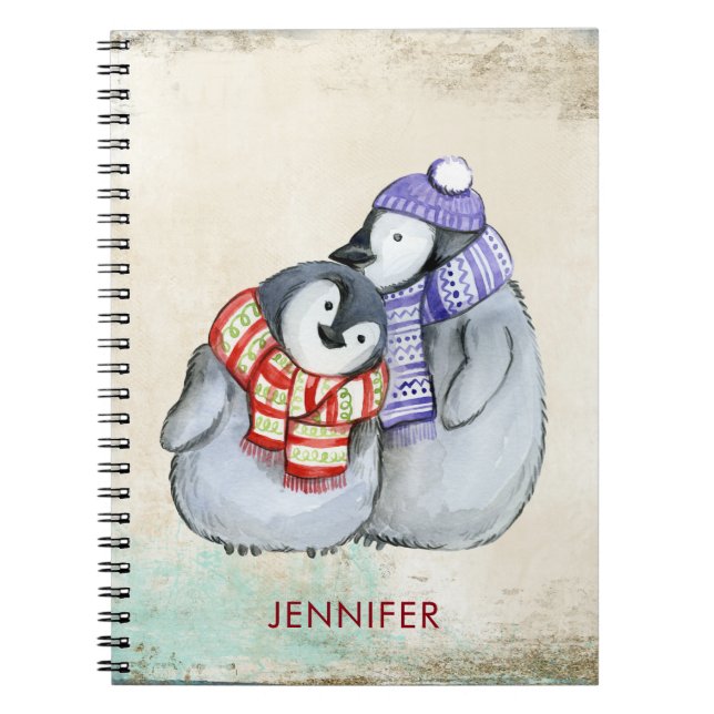 Cute Penguins in Winter Scarves and Hats Anpassnin Anteckningsbok (Framsidan)