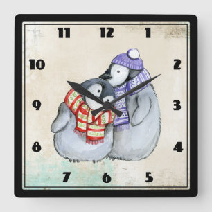 Cute Penguins in Winter Scarves and Hats Fyrkantig Klocka