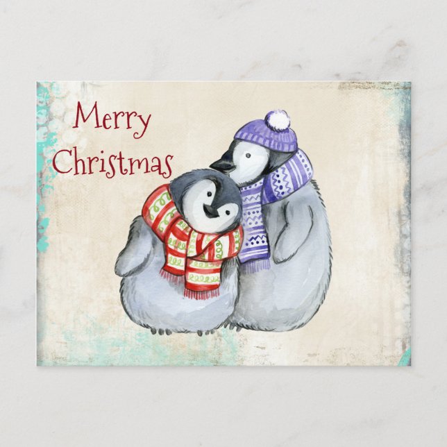 Cute Penguins in Winter Scarves and Hats jul Helg Vykort (Framsida)