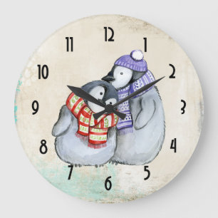 Cute Penguins in Winter Scarves and Hats Stor Klocka