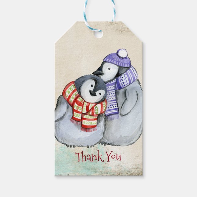 Cute Penguins in Winter Scarves and Hats Tack Presentetikett (Framsidan)