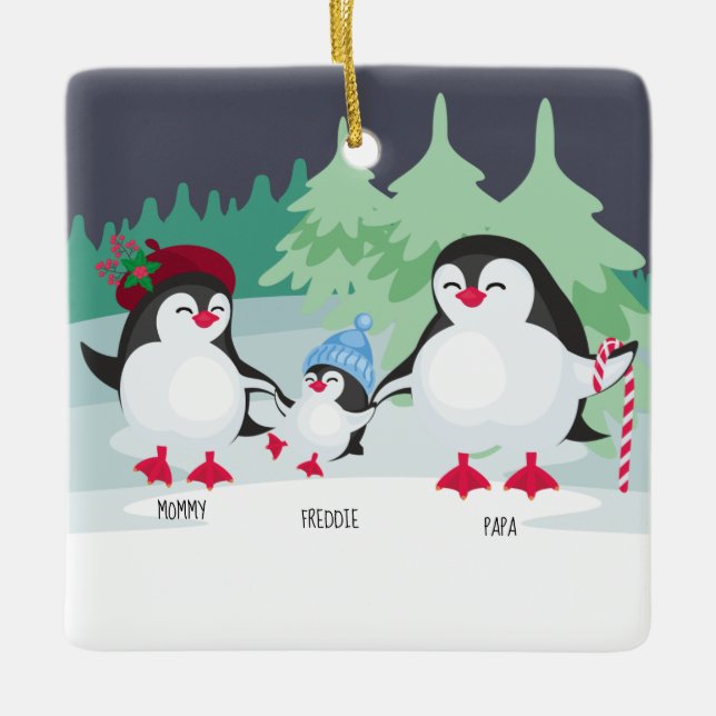 Cute Penguins med Namn för familjen 3 Julgransprydnad Keramik (Framsida)