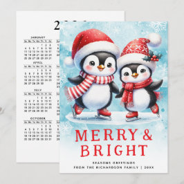 Cute Penguins Merry Bright Red and Blue God-jul Julkort