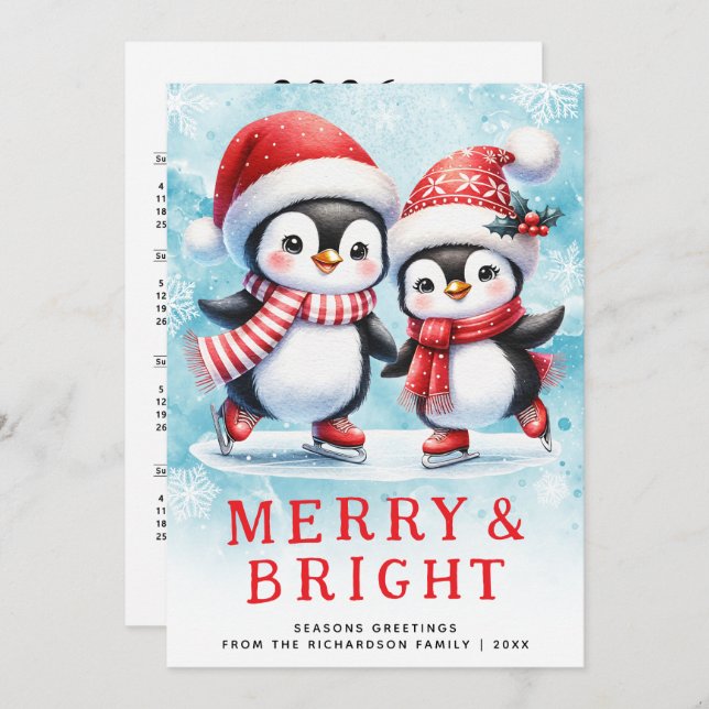 Cute Penguins Merry Bright Red and Blue God-jul Julkort (Fram/baksida)