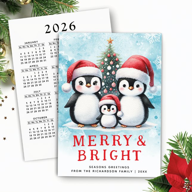 Cute Penguins Merry och ljusblå röd jul Julkort (Cute Penguins Family Christmas Card with Merry and Bright Greetings and 2026 Calendar)