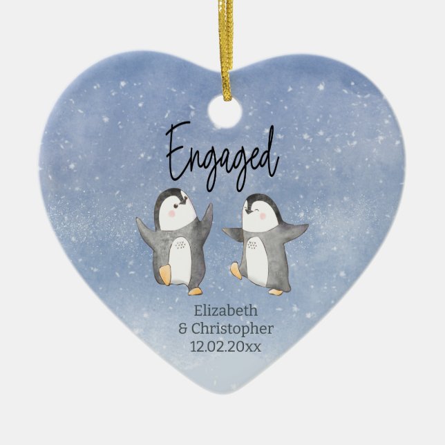 Cute Penguins Monogrammed Engaged Julgransprydnad Keramik (Framsidan)