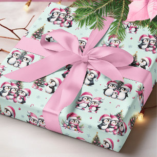 Cute Penguins Mönster Mint och Rosa Jul Presentpapper