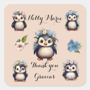 Cute Penguins Namn Bilingual Gracias Tack Fyrkantigt Klistermärke