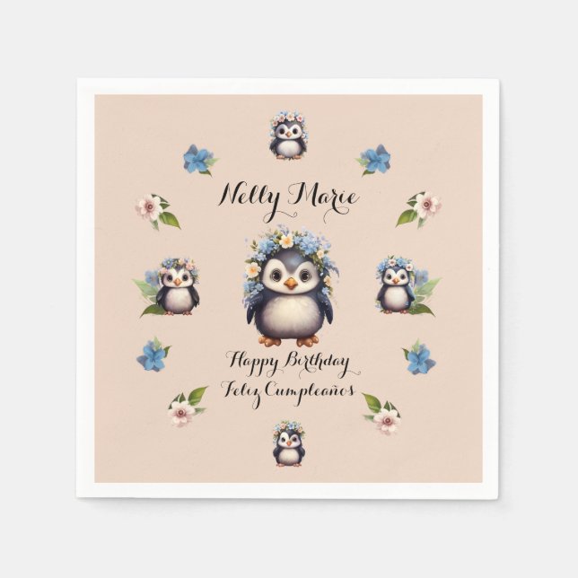 Cute Penguins Namn Bilingual Text Feliz Cumpleaños Pappersservett (Framsidan)