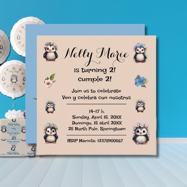 Cute Penguins Namn Bilingual Text Spain-Eng Inbjudningar (Bilingual birthday invitation, cute penguins, persocalized & customizable. Multilingual Project.)