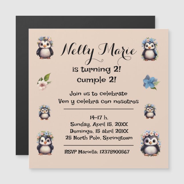 Cute Penguins Namn Bilingual Text Spain-Eng Magnetisk Inbjudningskort (Fram/baksida)