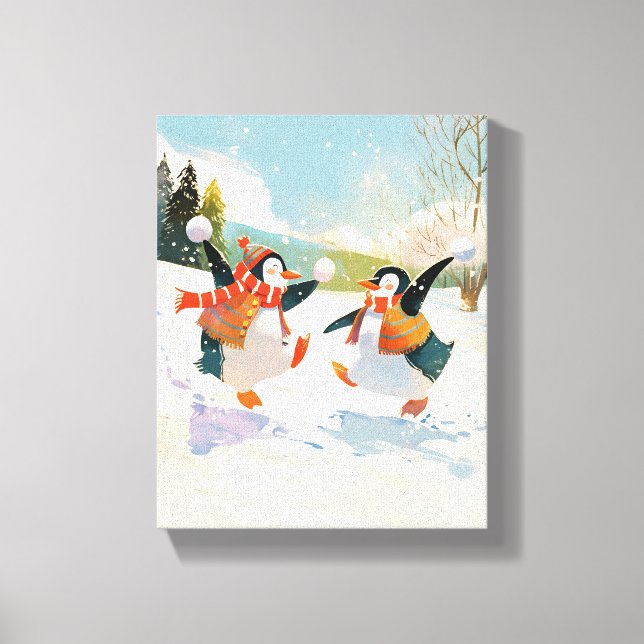 Cute Penguins Playing in Snow Watercolor Nursery  Canvastryck (Framsida)