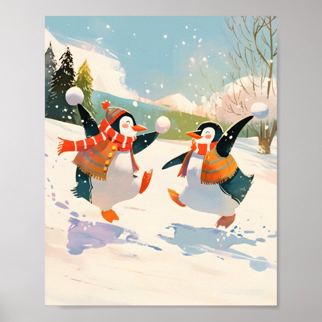 Cute Penguins Playing in Snow Watercolor Nursery  Poster (Framsidan)