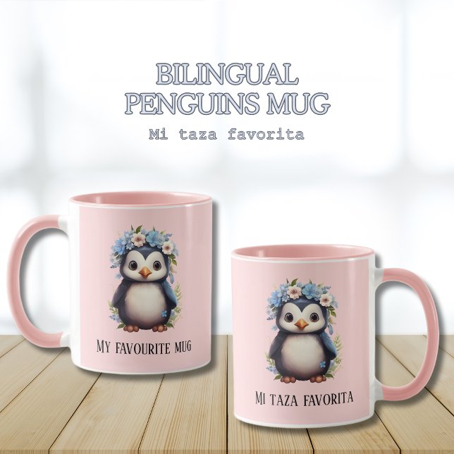 Cute Penguins Rosa Anpassningsbar Bilingual Text Mugg (Pink Bilingual penguins mug. Mi taza favorita, Spanish. my favourite mug. Multilingual Project.)