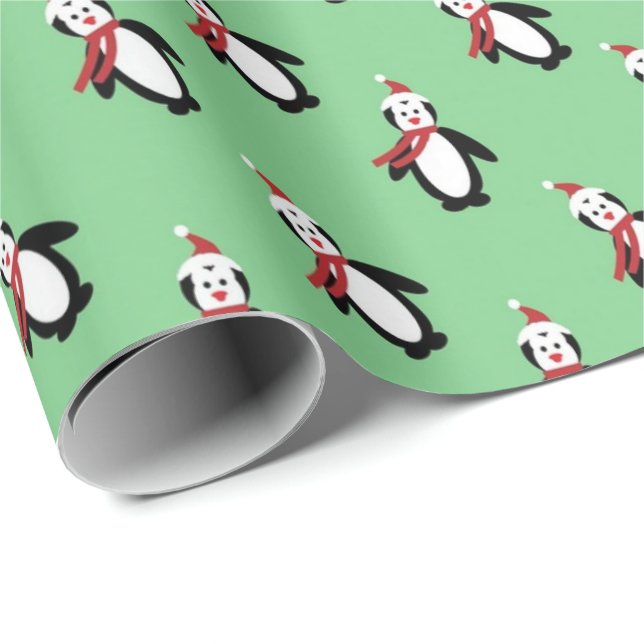 Cute Penguins Santa Hat Ljust grönt jul Presentpapper (Rullad Hörn)