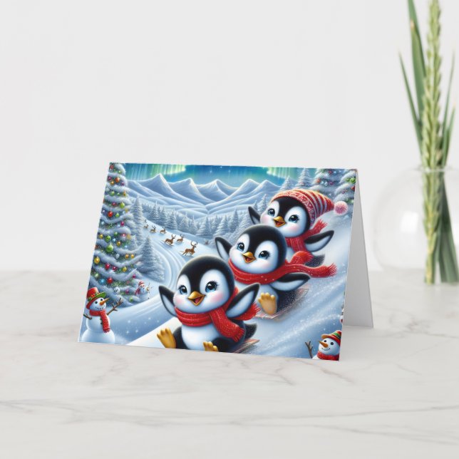 Cute Penguins Sliding down Hill Christmas Helgkort (Framsida)