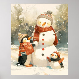Cute Penguins & Snowman – Cozy Winter Watercolor Poster