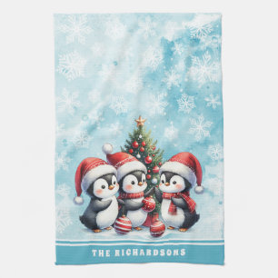 Cute Penguins Snowy Blue Personlig Jul Kökshandduk