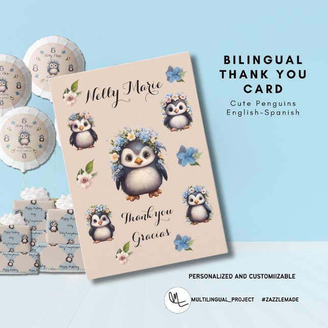 Cute Penguins Tack Gracias Card (Bilingual Thank you Gracias Card cute penguins. personalized. Multilingual Project.)