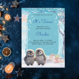 Cute Penguins Twillingar Vinter Blue Baby Shower Inbjudningar