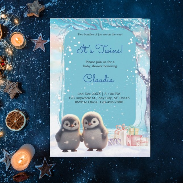 Cute Penguins Twillingar Vinter Blue Baby Shower Inbjudningar (Skapare uppladdad)