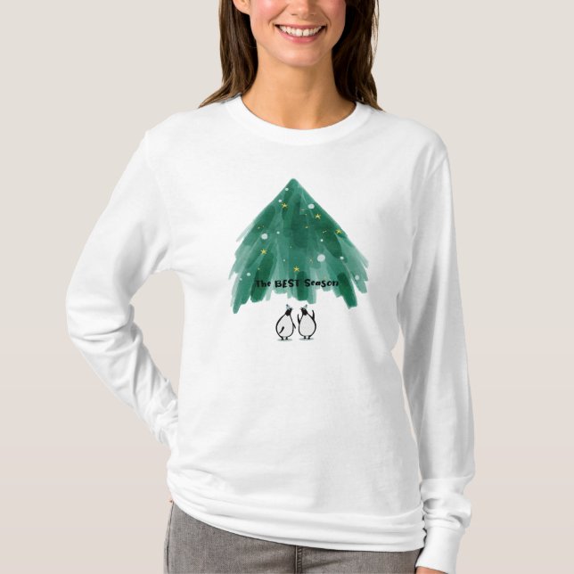Cute Penguins Under Christmas Tree T Shirt (Framsida)