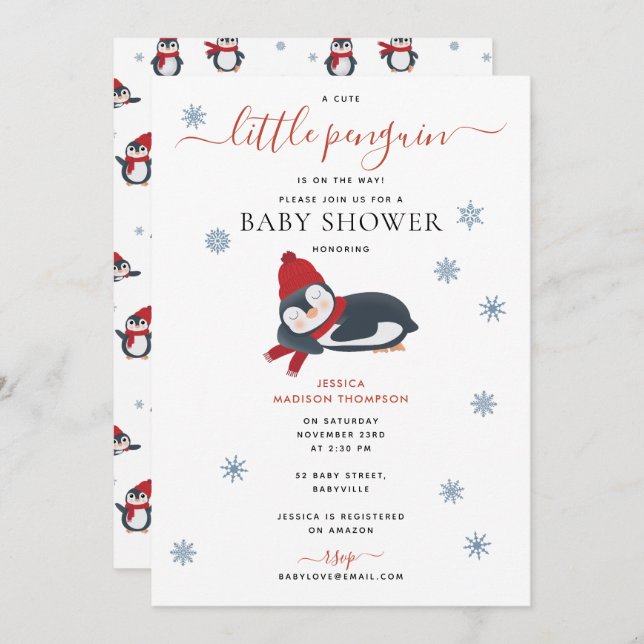Cute Penguins Winter Baby Shower Inbjudningar (Fram/baksida)