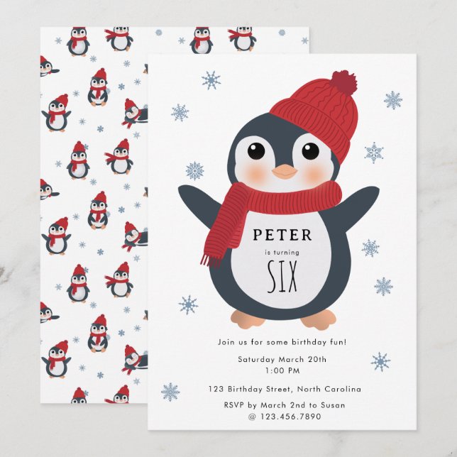 Cute Penguins Winter Birds Arktis Animal Birthday Inbjudningar (Fram/baksida)