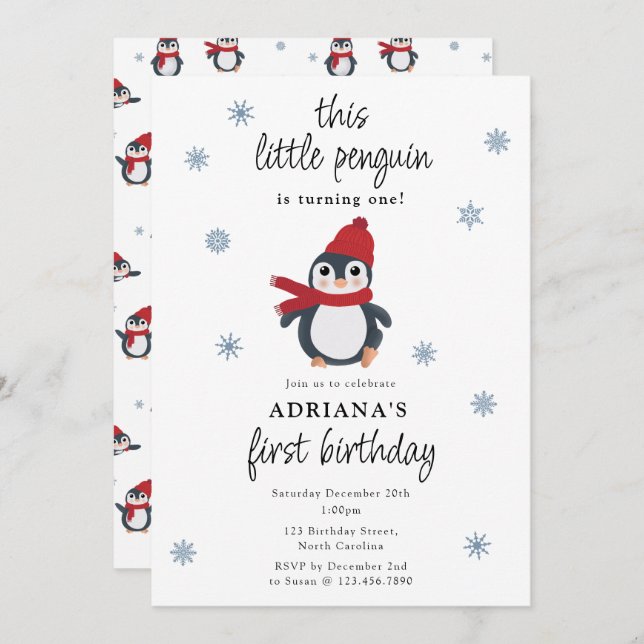 Cute Penguins Winter Birds Arktis Animal Birthday Inbjudningar (Fram/baksida)