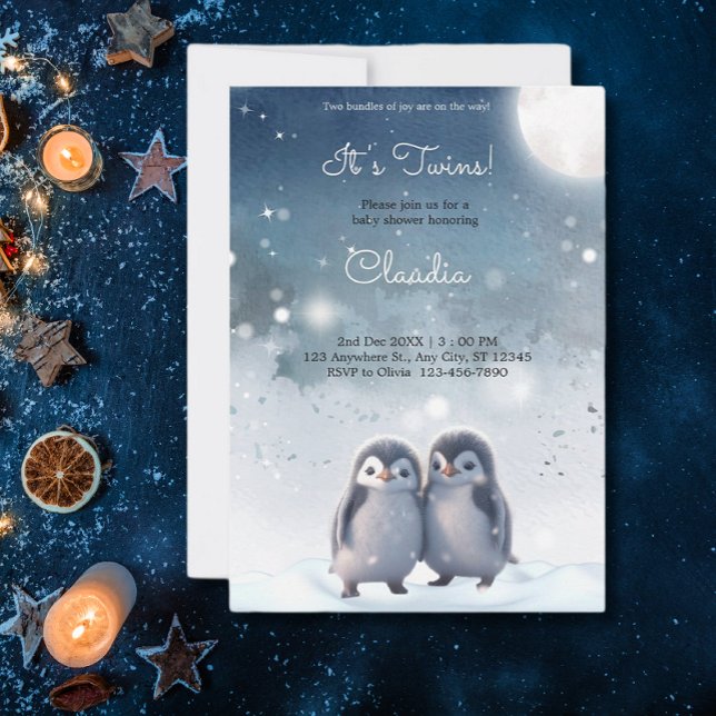 Cute Penguins Winter Blue Snö Twillingar Baby Show Inbjudningar (Skapare uppladdad)
