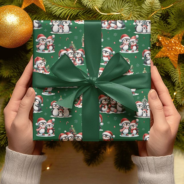 Cute Penguins Winter-Grönten och Red-julen Presentpapper (Skapare uppladdad)