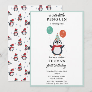 Cute Penguins Winter Kids Boy Animals Birthag Inbjudningar