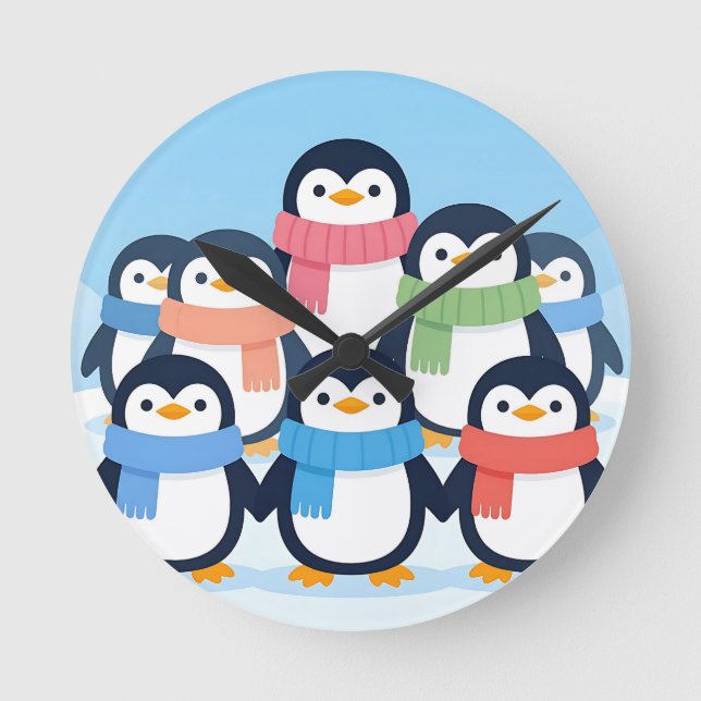 Cute Penguins Winter Scarves Group Hug Rund Klocka (Framsida)