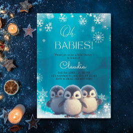 Cute Penguins Winter Snö Triplets Baby Shower Inbjudningar