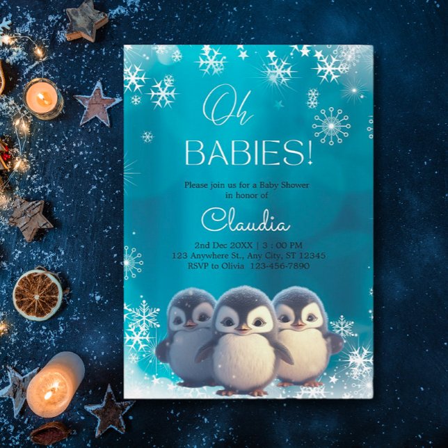 Cute Penguins Winter Snö Triplets Baby Shower Inbjudningar (Skapare uppladdad)