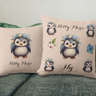 Cute Penguins with Flowers Namn & Monogram Beige Kudde