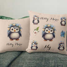 Cute Penguins with Flowers Namn & Monogram Beige