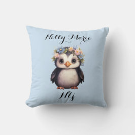 Cute Penguins with Flowers Namn & Monogram Blue Kudde