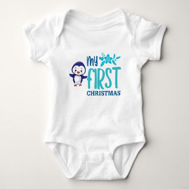 Cute penquin tryckte på första julkarosseri baby t shirt (Framsida)