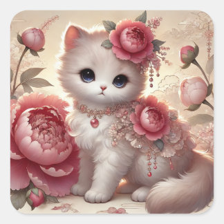 Cute Peony Princess Cat Fyrkantigt Klistermärke