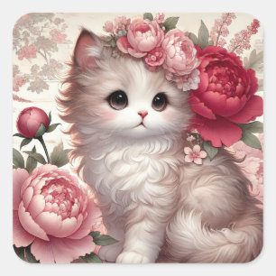Cute Peony Princess Cat Fyrkantigt Klistermärke