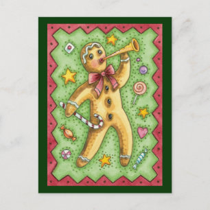 Cute Pepparkaksgubbe Blowing Horn, julgodis Helg Vykort