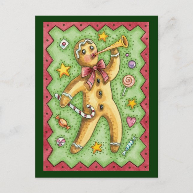 Cute Pepparkaksgubbe Blowing Horn, julgodis Helg Vykort (Framsida)