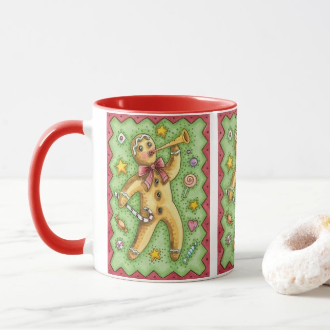 Cute Pepparkaksgubbe Blowing Horn, julgodis Mugg (Med munk)
