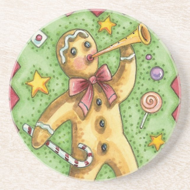 Cute Pepparkaksgubbe Blowing Horn, julgodis Underlägg (Framsidan)