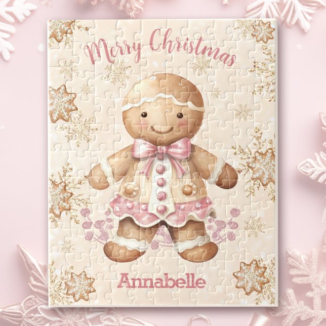 Cute Pepparkaksgubbe Girl Rosa Namn jul Pussel (Cute Gingerbread Man Girl Pink Name Christmas Jigsaw Puzzle)