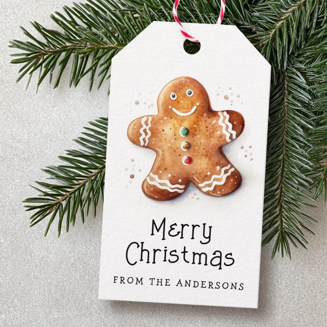 Cute pepparkaksgubbe God jul namn Presentetikett (Cute gingerbread man Merry Christmas family name Gift Tags)